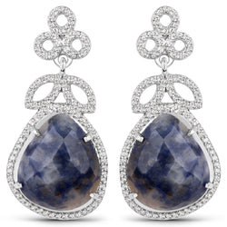 18.43 Carat Genuine Blue Aventurine and White Topaz .925 Sterling Silver Earrings