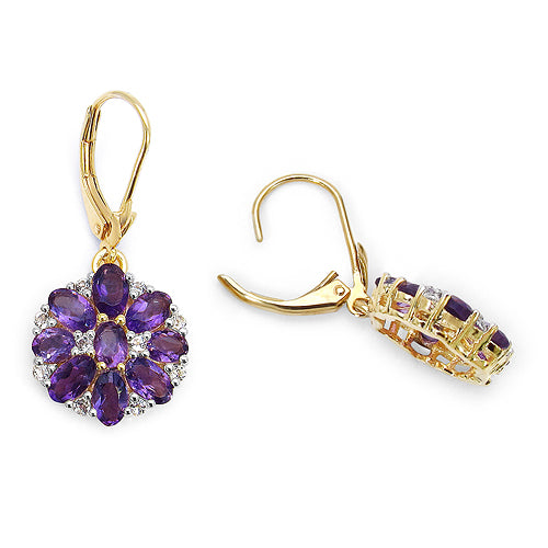 14K Yellow Gold Plated 3.92 Carat Genuine Amethyst & White Topaz .925 Sterling Silver Earrings