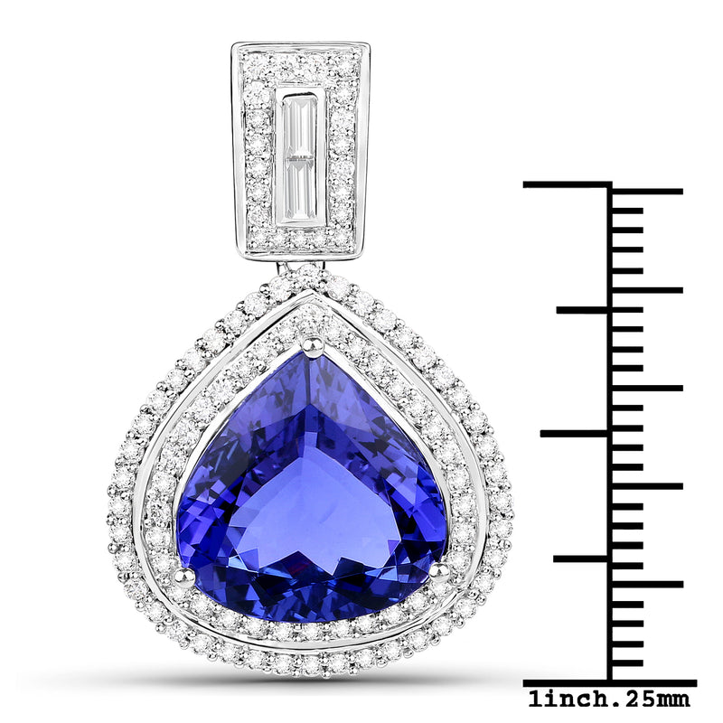 9.81 Carat Genuine Tanzanite and White Diamond 18K White Gold Pendant