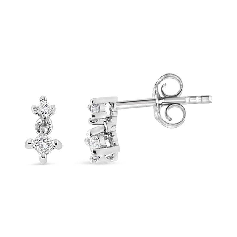 14K White Gold 1/4 Cttw 4 Prong Set Princess-Cut Double Diamond Drop and Dangle Stud Earrings (I-J Color, I2-I3 Clarity)