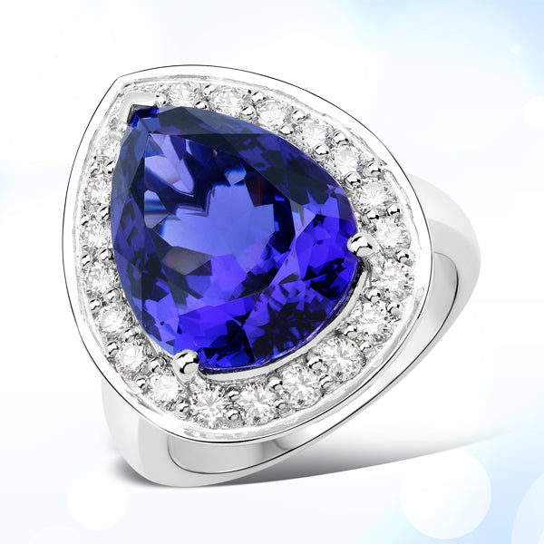 12.32 Carat Genuine Tanzanite and White Diamond 18K White Gold Ring