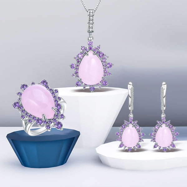 GEMS BALLET 925 Sterling Silver Natural Pink Chalcedony Ring Earrings & Pendant Vintage Jewelry Set