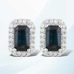 0.91 Carat Genuine Blue Sapphire and White Diamond 14K White Gold Earrings