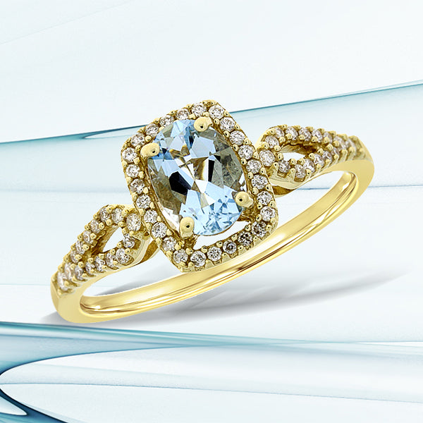 Genuine .93ct Aquamarine Diamond Ring 14KT Yellow Gold