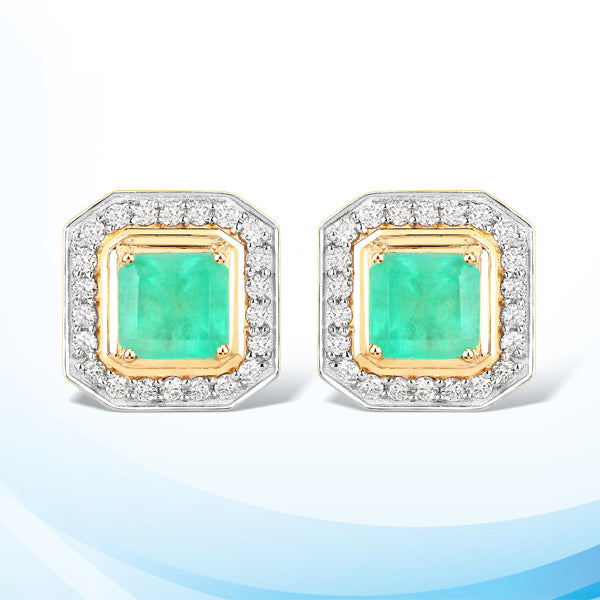 2.38 Carat Genuine Colombian Emerald and White Diamond 14K Yellow Gold Earrings