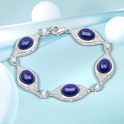 23.21 Carat Genuine Lapis, Swiss Blue Topaz And White Diamond .925 Sterling Silver Bracelet