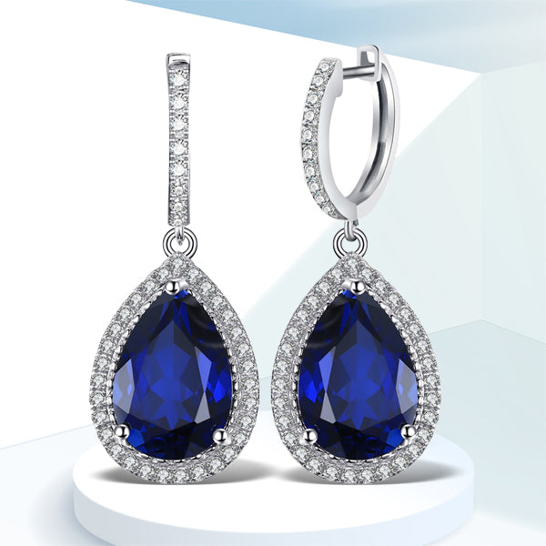 925 Sterling Silver Pear Created Blue Sapphire Dangle Earrings for Women