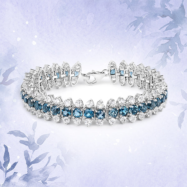 22.32 Carat Genuine London Blue Topaz and White Topaz .925 Sterling Silver Bracelet