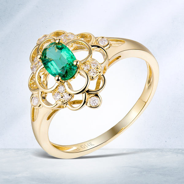 14K Yellow Gold Natural Diamond & Colombian Emerald Ring for Women