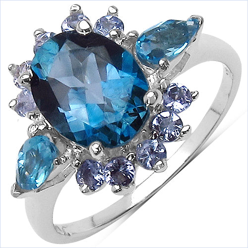 3.29 Carat Genuine London Blue Topaz , Swiss Blue Topaz & Tanzanite .925 Sterling Silver Ring