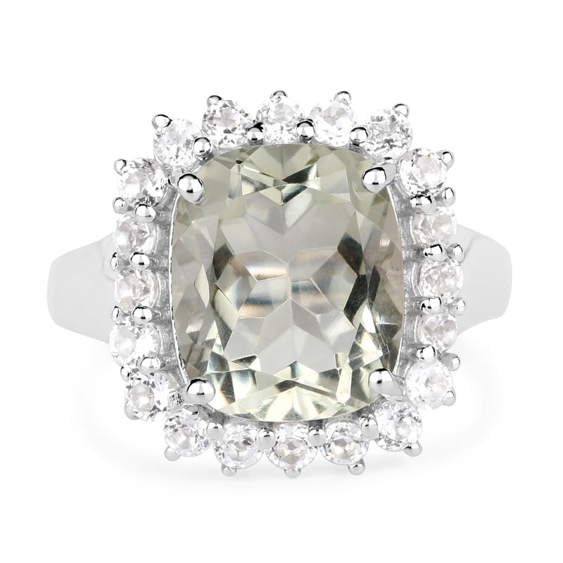 5.80 Carat Genuine Green Amethyst and White Topaz .925 Sterling Silver Ring