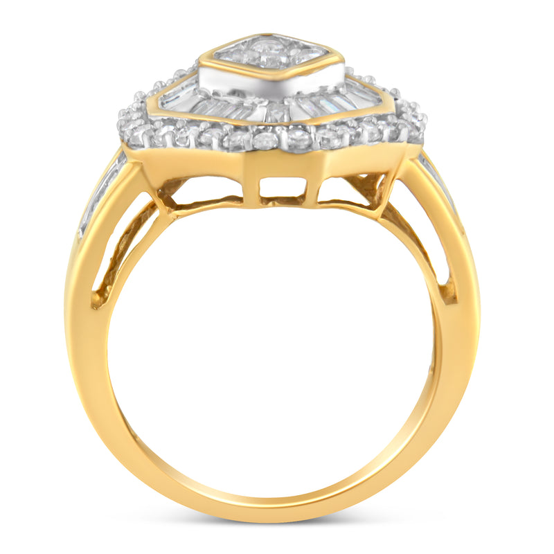 10K Yellow Gold Round and Baguette-Cut Diamond Cocktail Ring (1.0 Cttw, I-J Color, I1-I2 Clarity) - Size 7