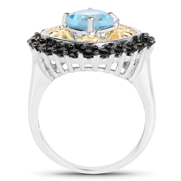Two Tone Plated 2.85 Carat Genuine Swiss Blue Topaz and Black Spinel .925 Sterling Silver Ring