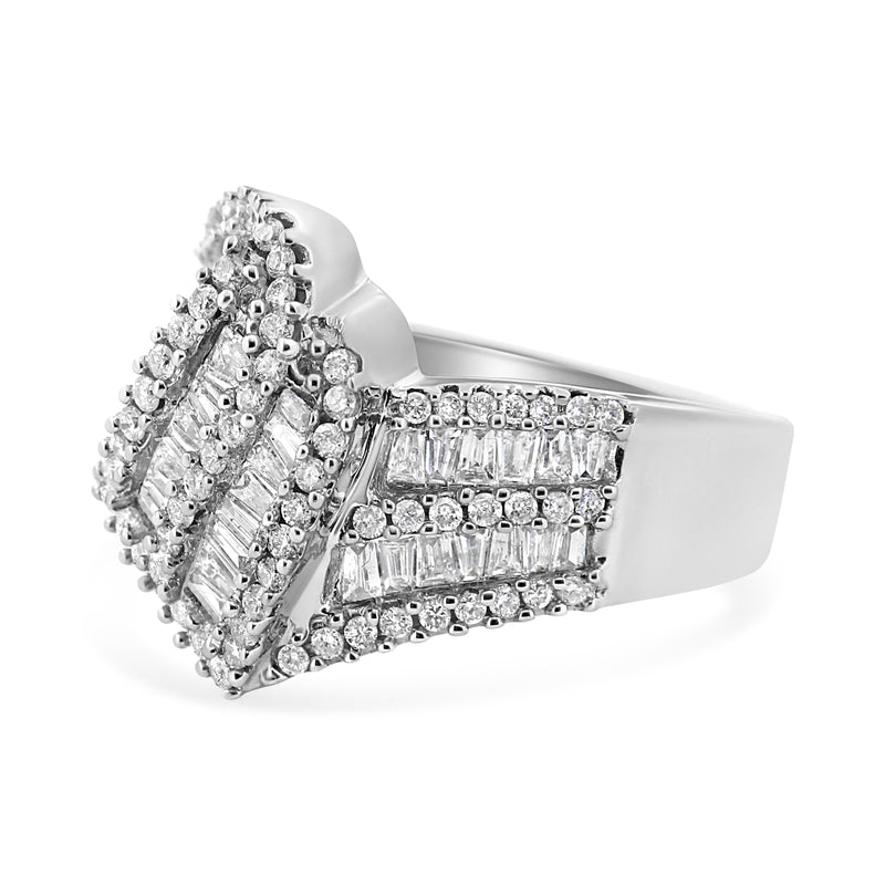 14K White Gold 1-1/2 Cttw Round and Baguette Diamond Bypass Cocktail Ring Band (H-I Color, SI1-SI2 Clarity) - Size 7