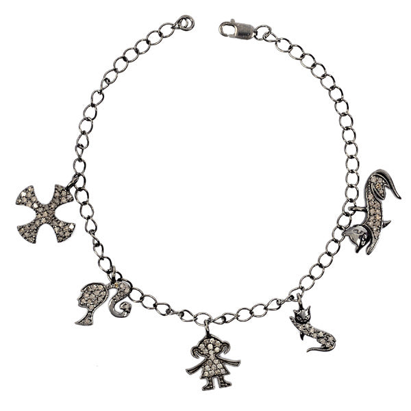 Handmade Chain Bracelet Charm 0.66 ct Pave Diamond .925 Sterling Silver Jewelry
