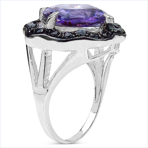 6.09 Carat Genuine Amethyst & Black Spinel .925 Sterling Silver Ring