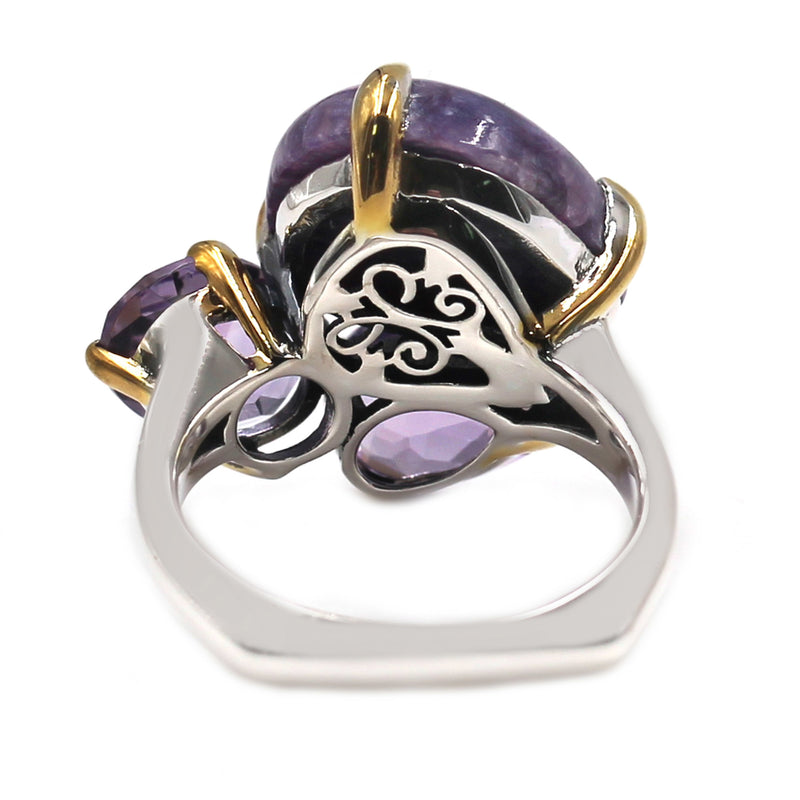 925 Sterling Silver Women Cocktail Ring Pink Amethyst and Charoite