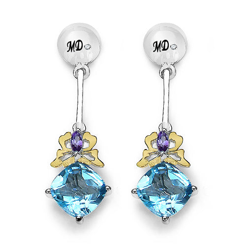 5.55 Carat Genuine Blue Topaz, Amethyst & White Diamond .925 Sterling Silver Earrings