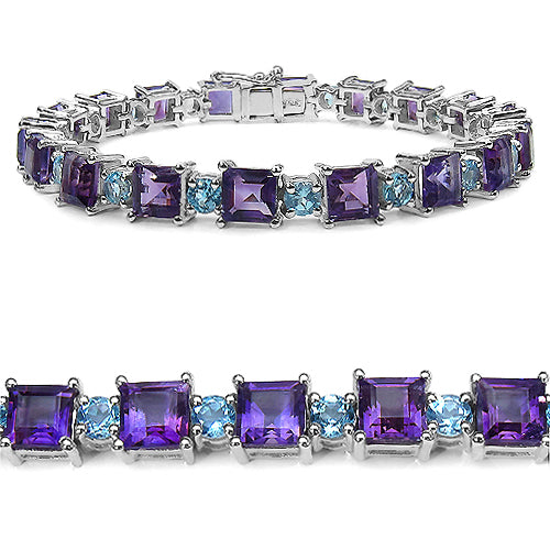 23.76 Carat Genuine Amethyst & Blue Topaz .925 Sterling Silver Bracelet