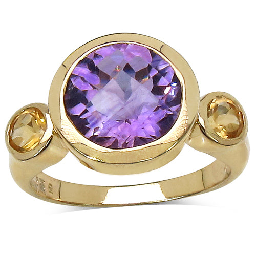 14K Yellow Gold Plated 3.90 Carat Genuine Amethyst & Citrine .925 Sterling Silver Ring