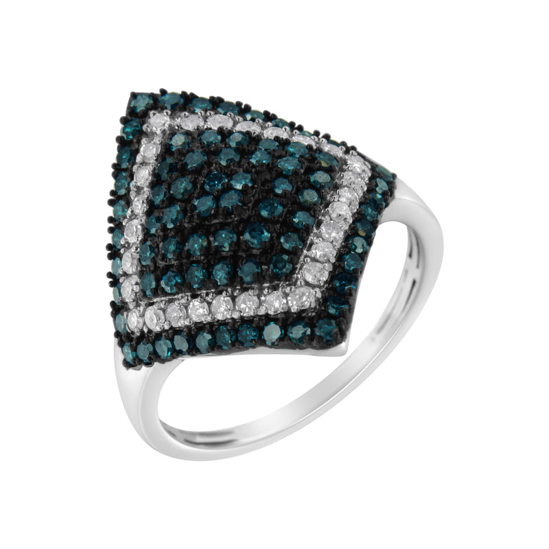 .925 Sterling Silver 1 cttw White and Treated Blue Diamond Rhombus Cocktail Ring (Blue, I3) - Size 6