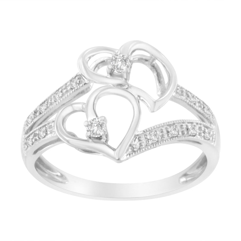 14KT White Gold 1/10 cttw Diamond Twin Heart Ring - Size 6.5
