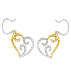 10K Two-tone Gold Round Diamond Heart Dangle Earrings (1/4 cttw, I-J Color, I2-I3 Clarity)