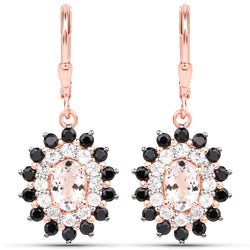 3.48 Carat Genuine Morganite, Black Spinel and White Topaz .925 Sterling Silver Earrings