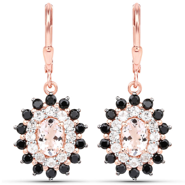 3.48 Carat Genuine Morganite, Black Spinel and White Topaz .925 Sterling Silver Earrings