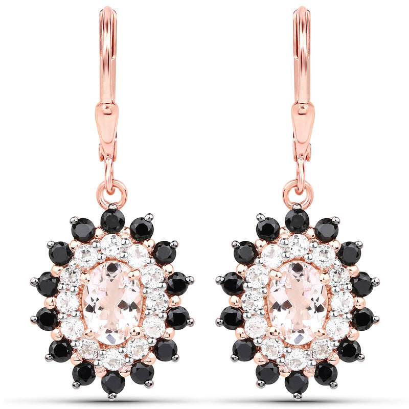 3.48 Carat Genuine Morganite, Black Spinel and White Topaz .925 Sterling Silver Earrings