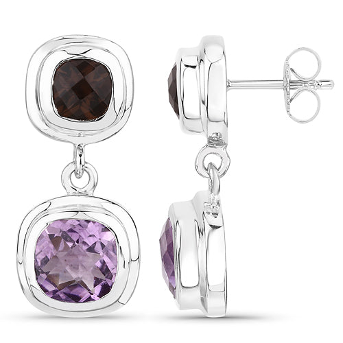 6.60 Carat Genuine Amethyst and Smoky Quartz .925 Sterling Silver Earrings