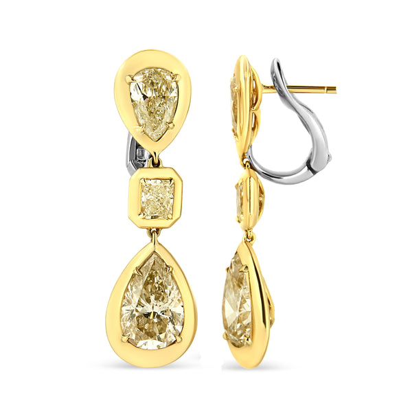 18K Yellow Gold Earrings 7 4/5 Cttw Bezel Set Natural Yellow Pear and Emerald Cut Diamond Drop and Dangle Leverback Earring (Yellow Color SI1-SI2 Clarity)