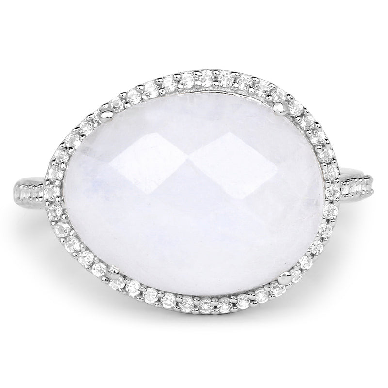 7.33 Carat Genuine White Rainbow Moonstone And White Topaz .925 Sterling Silver Ring