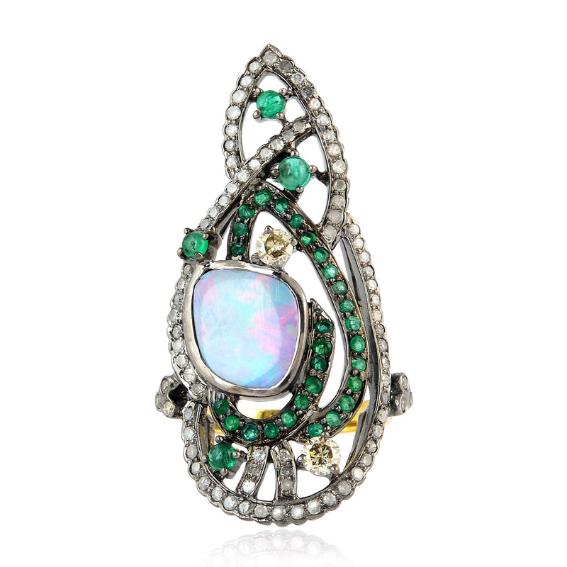 18k Gold 925 Sterling Silver Opal & Emerald Diamond Cockail Ring Jewelry