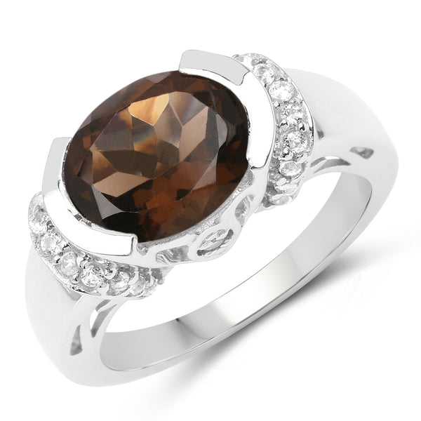 3.40 Carat Genuine Smoky Quartz and White Topaz .925 Sterling Silver Ring