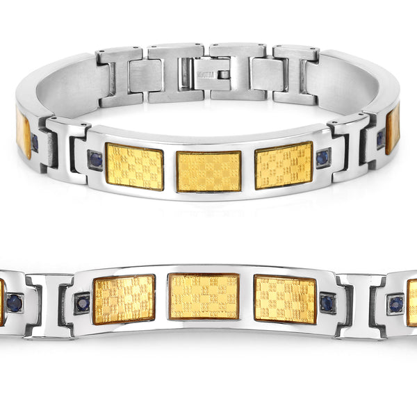 Mens Titanium Bracelet, Titanium Mens Bracelet with Gold Plated Steel Inlay, 0.48ctw. Natural Blue Sapphire Rounds