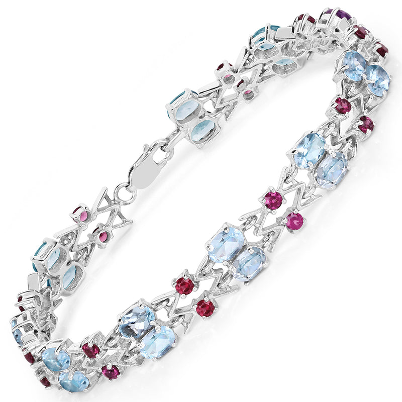 14.76 Carat Genuine Blue Topaz and Rhodolite .925 Sterling Silver Bracelet