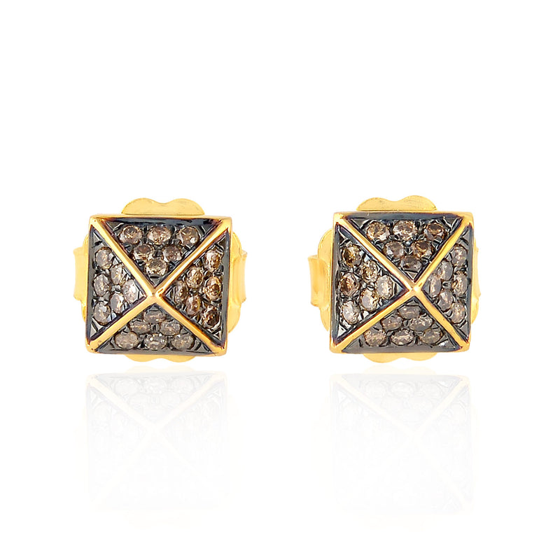 18k Solid Yellow Gold Pave Diamond Square Shape Pyramid Stud Earrings Jewelry