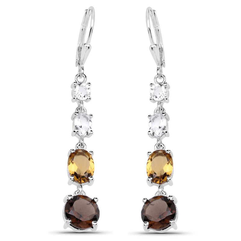 6.28 Carat Genuine Crystal Quartz, Champagne Quartz and Smoky Quartz .925 Sterling Silver Earrings