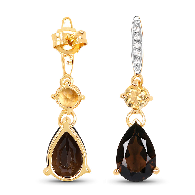 6.50 Carat Genuine Smoky Quartz, Citrine & White Topaz 14K Yellow Gold Earrings