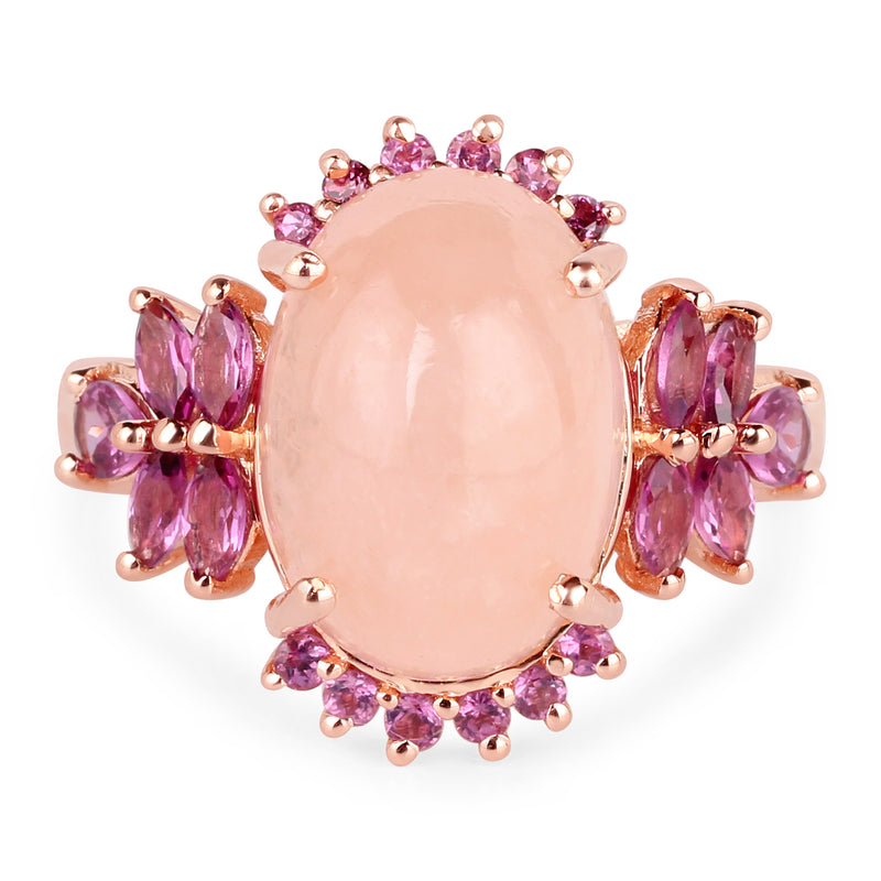 14K Rose Gold Plated 9.13 Carat Genuine Morganite and Rhodolite .925 Sterling Silver Ring