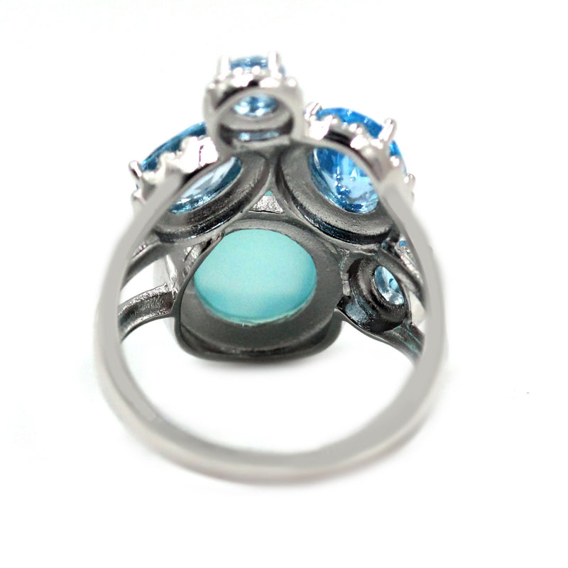 925 Sterling Silver Women Cocktail Ring Aqua Chalcedony and Swiss Blue Topaz