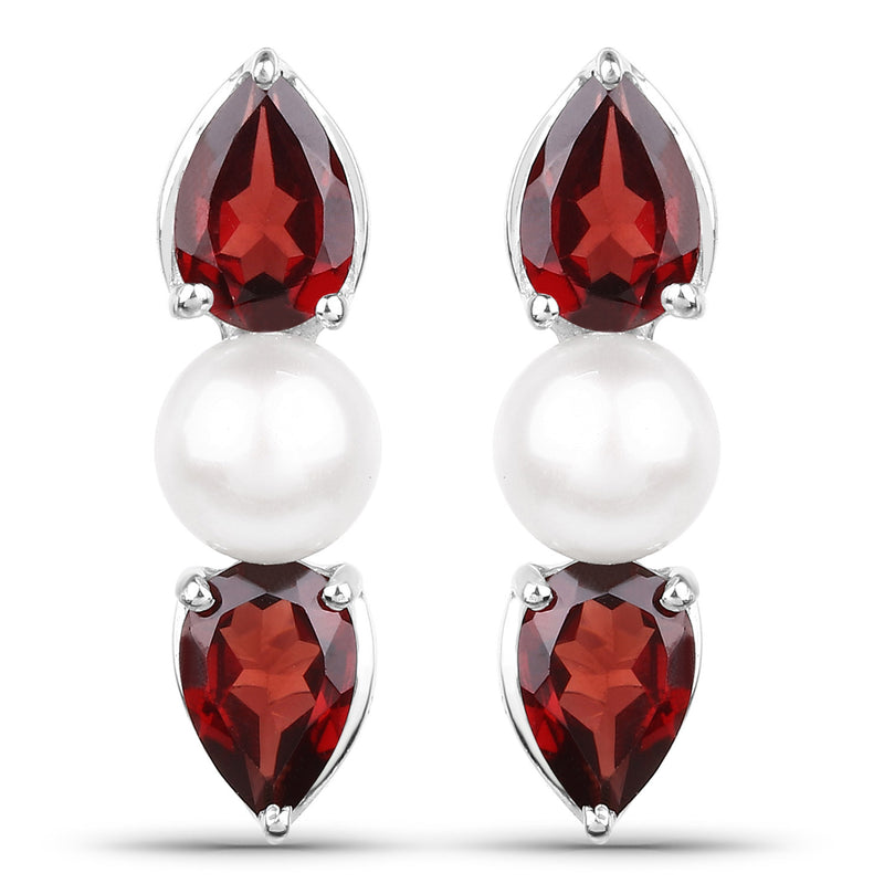 6.20 Carat Genuine Garnet and Pearl .925 Sterling Silver 3 Piece Jewelry Set (Ring, Earrings, and Pendant w/ Chain)