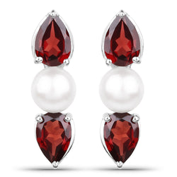 3.10 Carat Genuine Garnet and Pearl .925 Sterling Silver Earrings