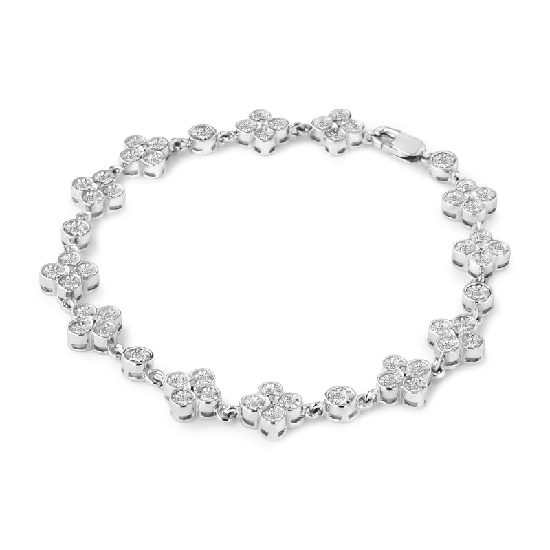 .925 Sterling Silver 1.0 Cttw Miracle-Set Diamond 4 Leaf and Solitaire Station Link Bracelet (I-J Color, I3 Clarity) - 7.25"