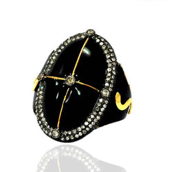 0.88Ct Natural Pave Diamond 18K Gold Sterling Silver Ring Black Enamel Jewelry