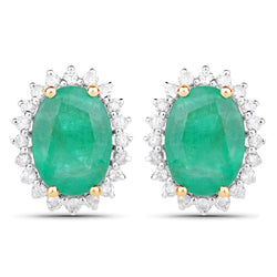 2.75 Carat Genuine Zambian Emerald and White Diamond 14K Yellow Gold Earrings