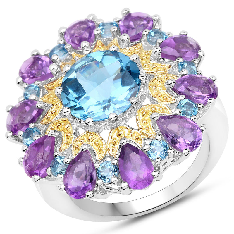 8.86 Carat Genuine London Blue Topaz and Amethyst .925 Sterling Silver Ring