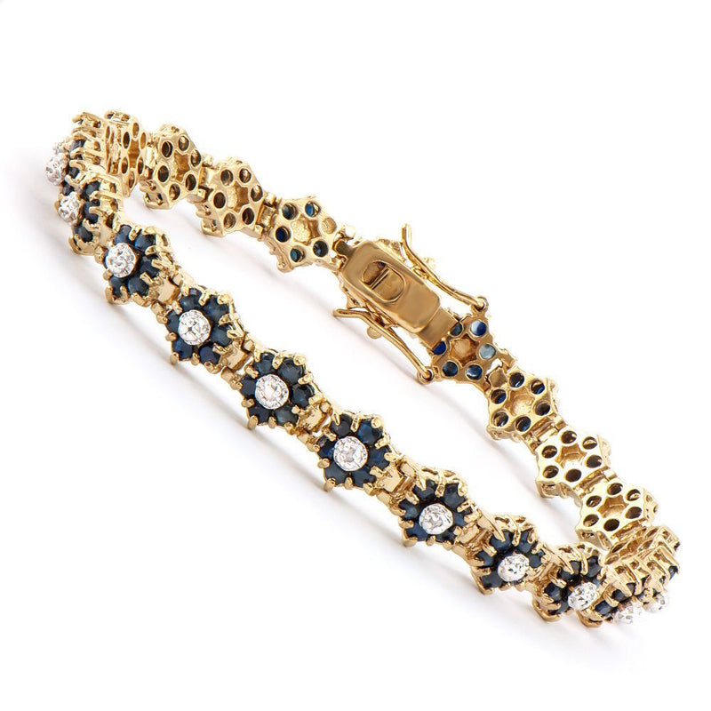 6.71 TW CTS BLACK SAPPHIRE & DIAMONDS 18K GOLD PLATED DESIGNER FLOWER BRACELET SIZE 7.2 INCHES