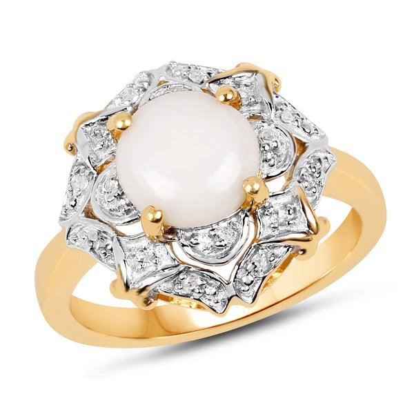 14K Yellow Gold Plated 1.40 Carat Genuine Opal and White Topaz .925 Sterling Silver Ring
